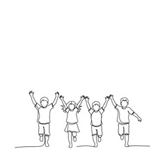 Continuous line art of four joyful children running hand-in-hand, symbolizing friendship, unity, and childhood happiness.