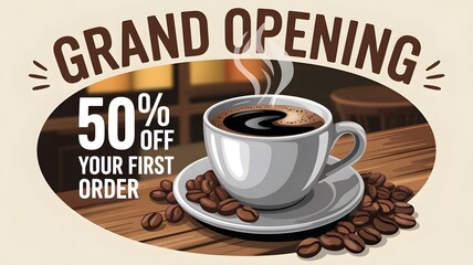 Grand opening announcement banner offering fifty percent off your very first coffee order