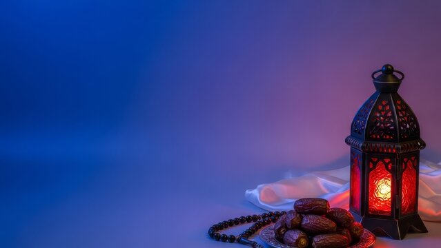Lantern dates and prayer beads on a white scarf backdrop. Perfect for ramadan, eid, islamic themed designs, religious holidays.