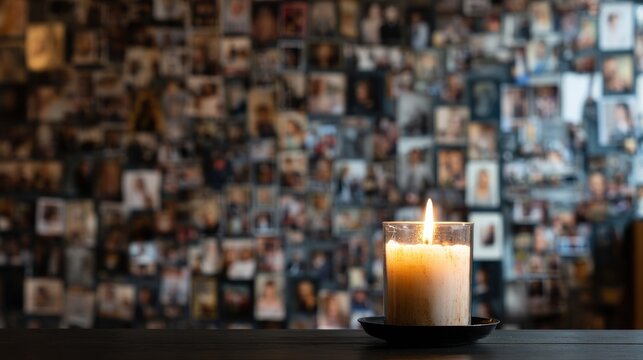 Lit candle in glass on a dark surface in front of a wall of pictures