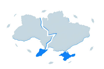 a simple flat 2D icon of Ukraine war geopolitics, cracked map highlighting Ukraine region, geopolitical instability concept, blue and gray colors, clean sharp lines, no shadows