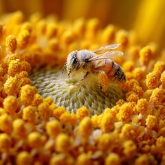 Busy bee collecting pollen from vibrant yellow sunflower