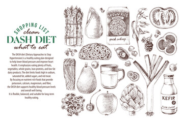 DASH diet ingredients vector. Healthy eating poster for people to stop hypertension