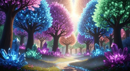 Enchanted Forest with Glowing Crystal Trees and Luminous Stream.