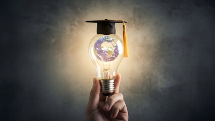 Hand holding a glowing light bulb with Earth globe and graduation cap, symbolizing global education and bright ideas.