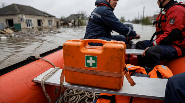 Flood disaster emergency response rescue operation illustrating humanitarian aid medical assistance crisis management team providing life saving support during natural catastrophe evacuation relief