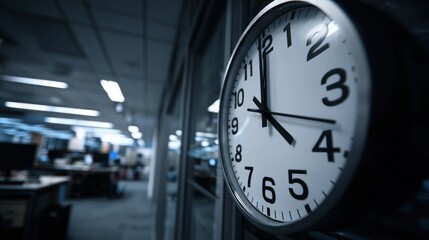 Close up of a clock with the time showing in an office environment
