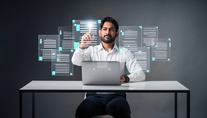 Modern businessman managing digital workflow with holographic UI panels