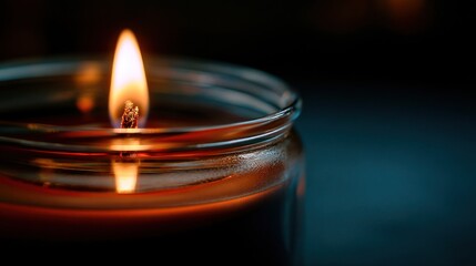 Close up of a lit candle with an orange flame and soft lighting