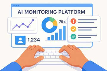 User interacting with AI monitoring platform dashboard displaying analytics, performance metrics, and alerts. Concept of data analysis, technology, and user engagement in monitoring systems.
