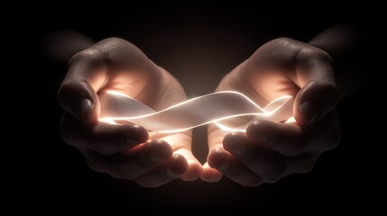 Hands cupping illuminated stream of light conceptual visualization