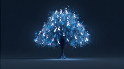 Abstract illustration of a tree with glowing ribbons on a dark background