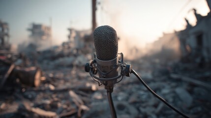 Vintage microphone on a stand in a destroyed environment with smoke