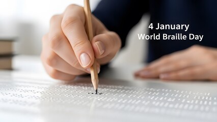 Human hand tracing Braille dots with a pencil on a white surface, commemorating World Braille Day.