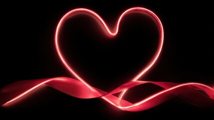 Glowing red heart shape with ribbon on black background love and romance concept