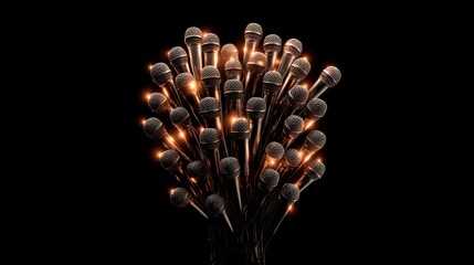 Abstract composition of multiple microphones with illuminated effect on black