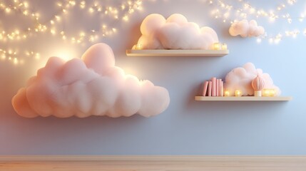 Dreamy wall decor featuring cloud shaped shelves with soft lighting and books