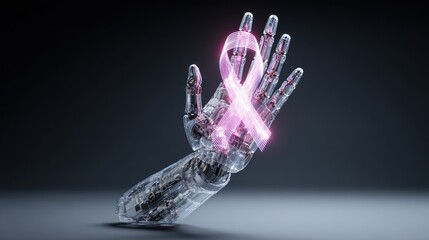 Artificial hand holding pink ribbon promoting awareness for healthcare