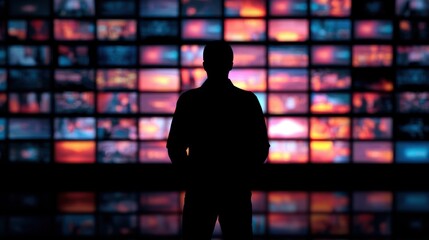 Silhouette of a person observing array of screens with abstract visuals