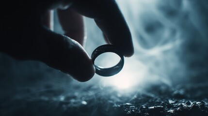 Hand holding ring against moody background with selective focus and copy space