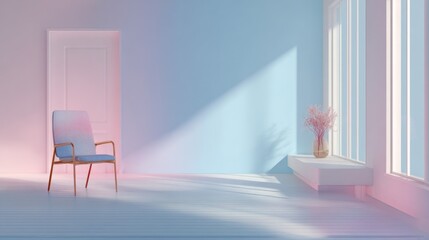 Minimalist interior with chair and window pastel color palette sunlight