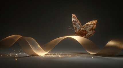 Butterfly on golden ribbon with subtle light and sparkle effect