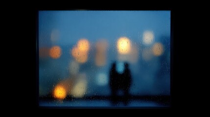 Blurred view through window with raindrops abstract bokeh lights at night