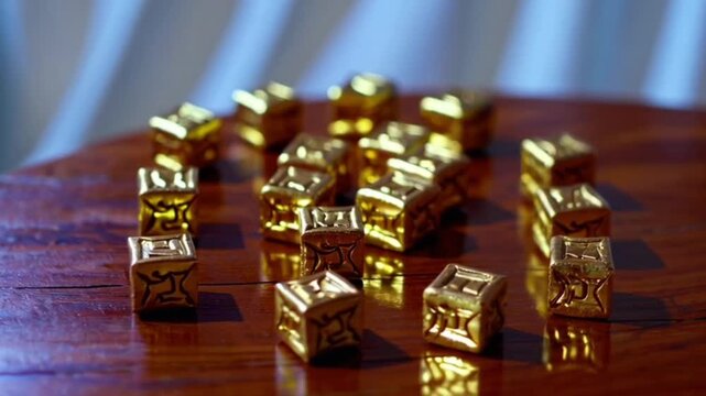  jewish holiday hanukkah with wooden dreidels colection spinning top and chocolate coins on
