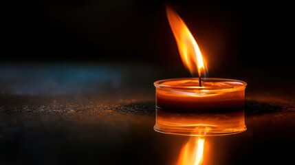Burning candle with flame in glass container on reflective surface
