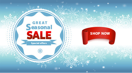 Editable text vector banner for year end sale promotion with snowflakes on winter background. Text is not outlined. Fonts are not included. Clean modern layout for websites ads and social media.