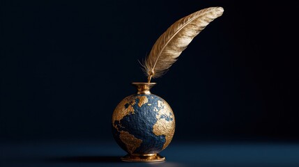 Globe inkwell with quill representing creative writing and global concepts