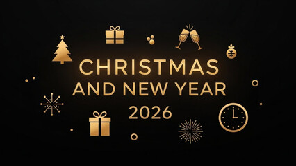 Golden christmas and new year 2026 celebration icons on black background with tree, gifts, champagne, clock, snowflakes and fireworks