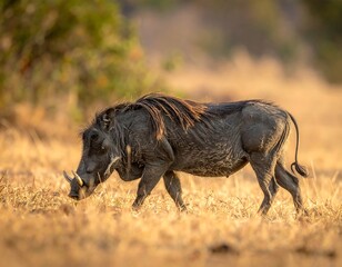 A wild African pig walks through tall golden grass in sunlight