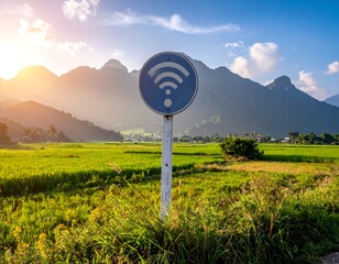 A wifi signal sign in front of a rural landscape with mountains