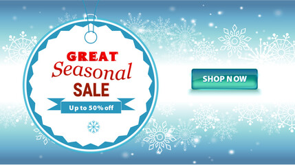 Editable text vector banner for year end sale promotion with snowflakes on winter background. Text is not outlined. Fonts are not included. Clean modern layout for websites ads and social media.
