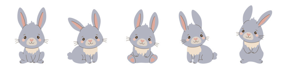 Obraz premium Vector illustration of five cute cartoon rabbits sitting in various poses. Each rabbit displays a different posture and expression, showcasing playful and adorable characteristics.