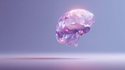 Crystal brain floating against purple background suggesting intelligence