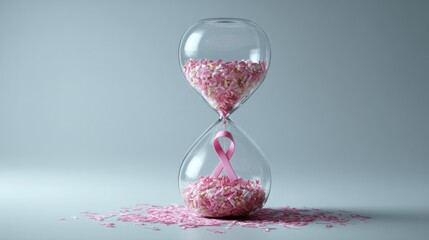 Hourglass with pink ribbon and flowing pink particles time concept