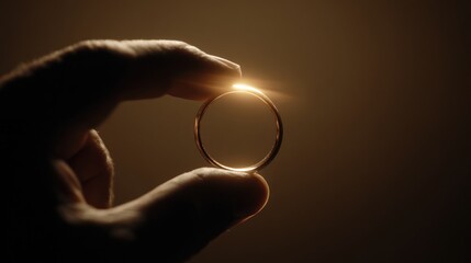 Close up of hand holding gold ring symbolic representation illuminated