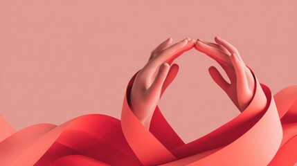 Hands forming a shape with flowing red ribbon concept design