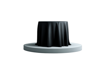 A dark fabric-covered cylinder sits on a white circular pedestal against a black background