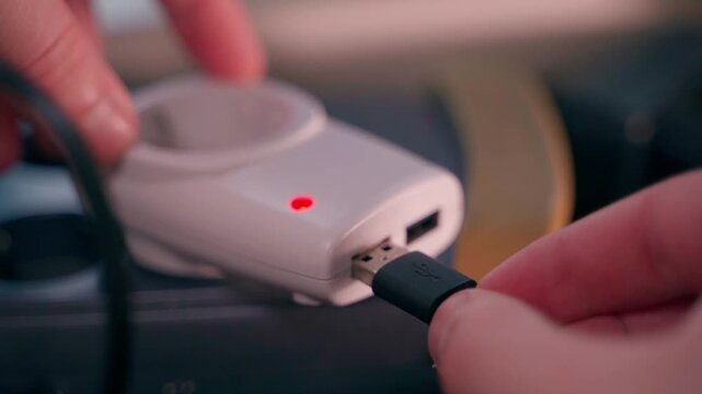Hand inserts USB cable into adapter for outlet, close-up