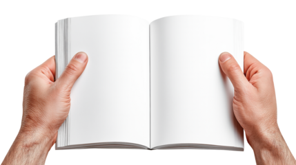 Hands holding open blank book white pages clean paper isolated background reading concept minimalist design copy space learning idea education theme neutral tone calm focus, isolated