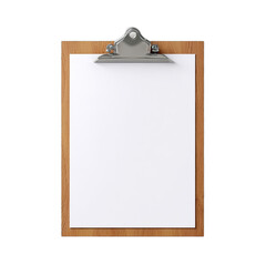 Wooden clipboard with blank white paper held by a silver clip