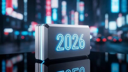 2026 Neon Sign in Futuristic Cityscape at Night.