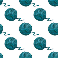 Hand drawn vintage seamless pattern of turquoise yarn balls with thread tail, knitting inspired cozy textile background