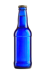 A cobalt blue glass bottle with a golden cap against a black background