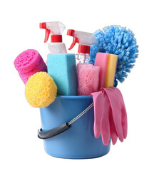 A blue bucket overflowing with cleaning supplies, including sponges, cloths, gloves