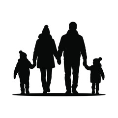 Family Silhouette Walking Together in Winter
