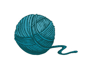 Hand drawn vintage sketch of turquoise yarn ball with loose thread tail, isolated vector illustration for knitting designs